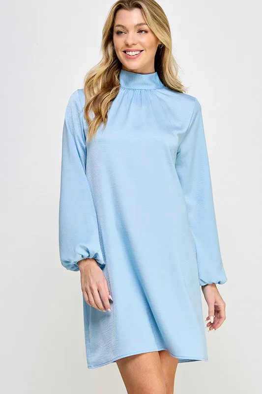 High Neck Bow Tie Back Long Sleeve Satin Dress