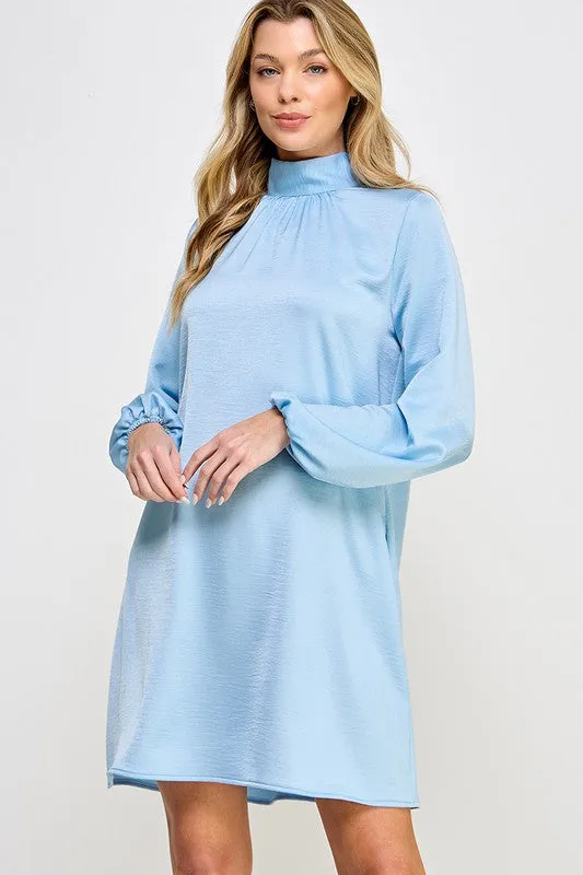 High Neck Bow Tie Back Long Sleeve Satin Dress