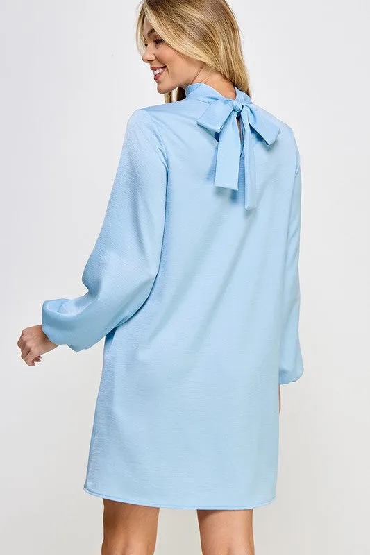 High Neck Bow Tie Back Long Sleeve Satin Dress