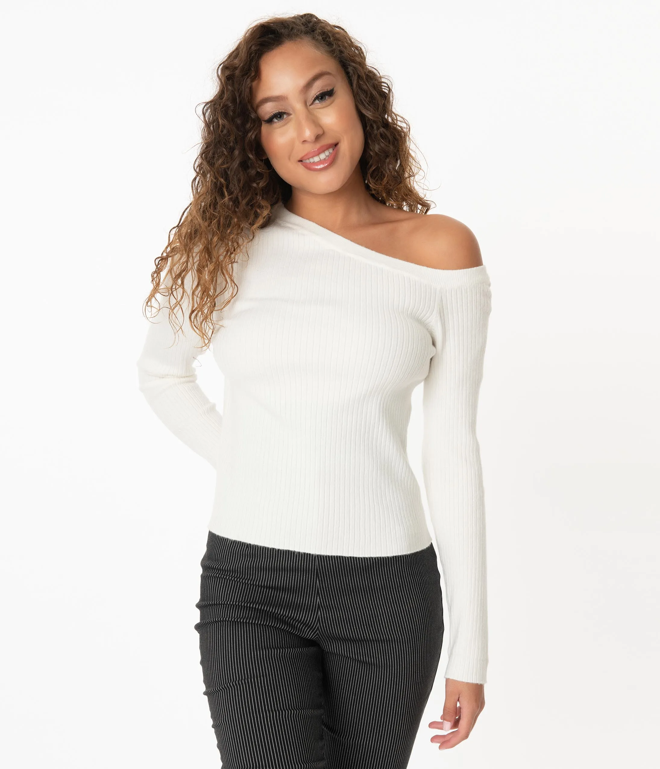 Ivory Asymmetrical Neckline Knit Sweater