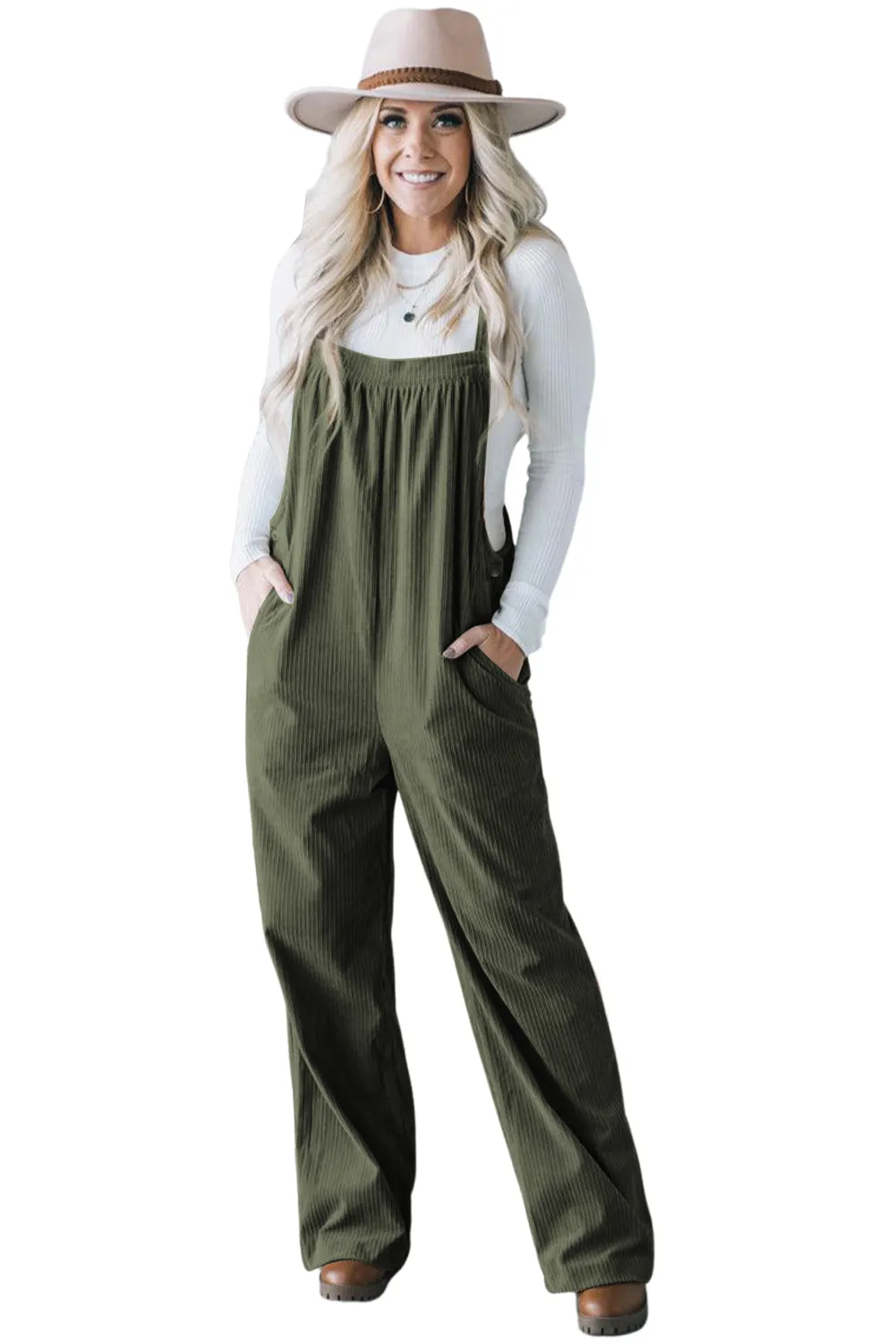 Jungle Green Solid Pocketed Loose Fit Corduroy Overall