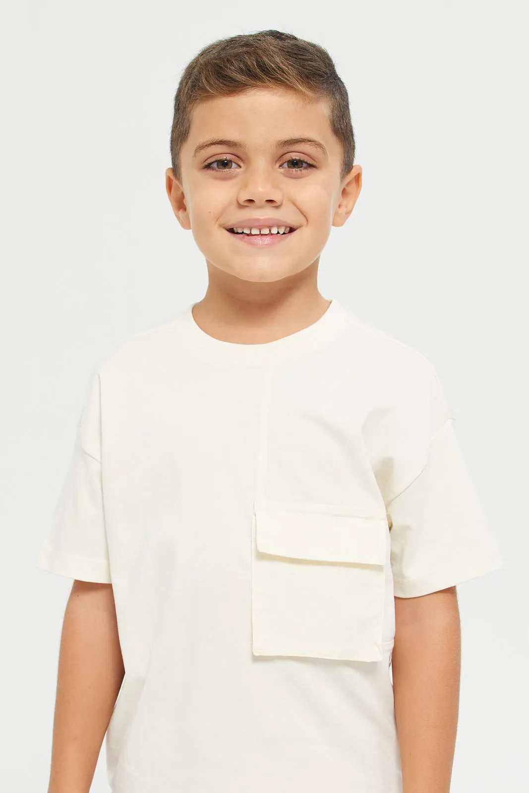 Junior Boys Ivory Oversize Pocket Tshirt