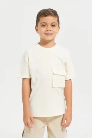 Junior Boys Ivory Oversize Pocket Tshirt