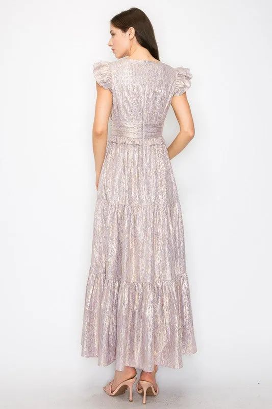 Lavender Metallic Stripe Ruffled Sleeves Midi Dress