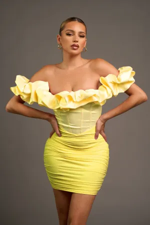 Lemon Luxe Ruffled Off Shoulder Contrast Mini Dress