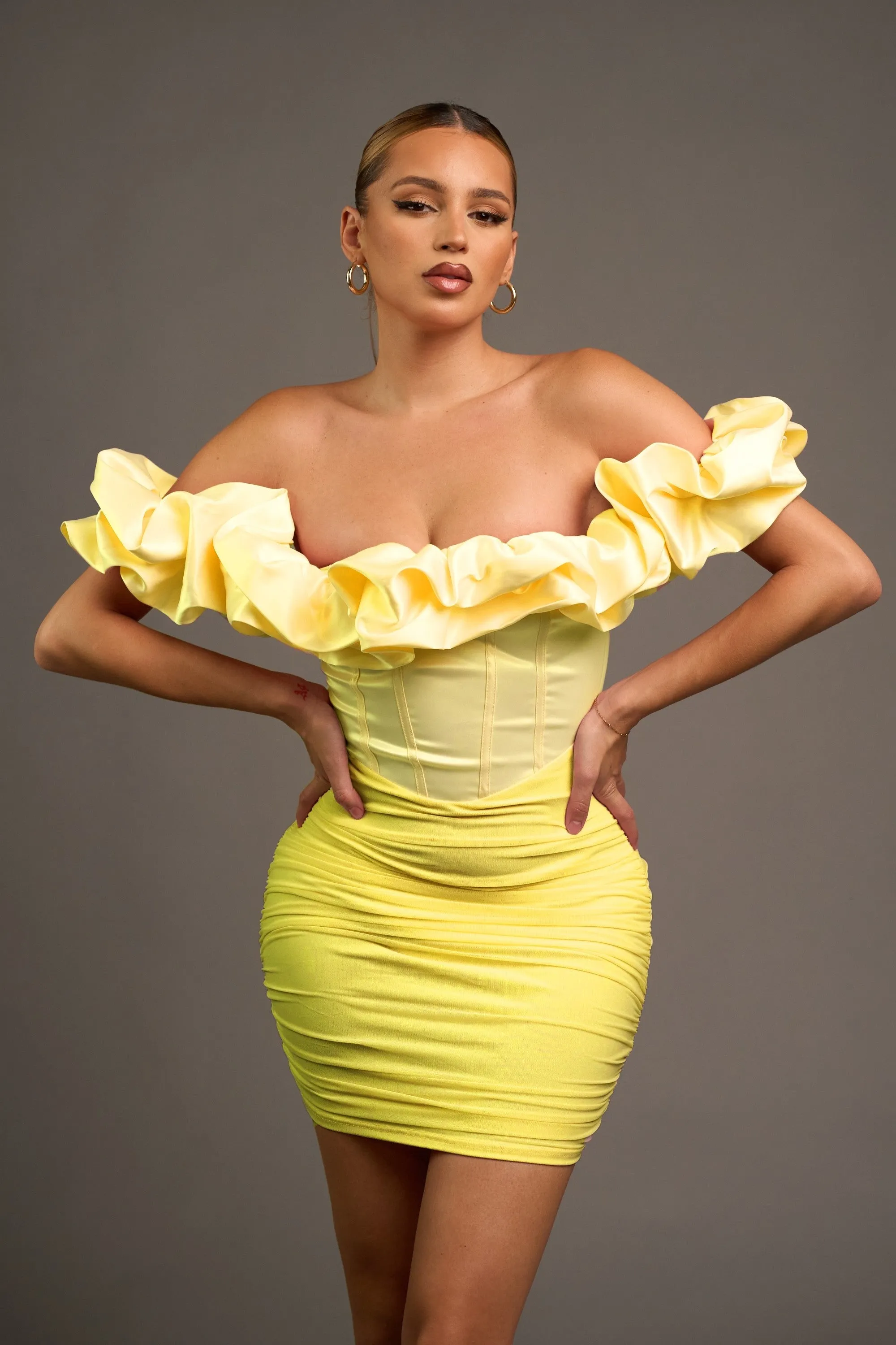 Lemon Luxe Ruffled Off Shoulder Contrast Mini Dress