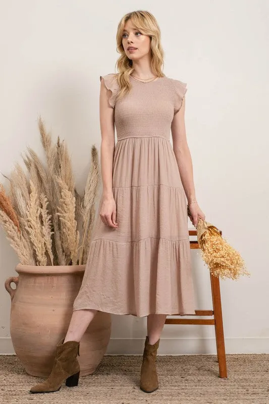 Light Mocha Tiered Midi Dress