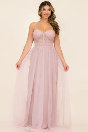 Light Pink Embellished Tulle Two Slits Maxi Dress