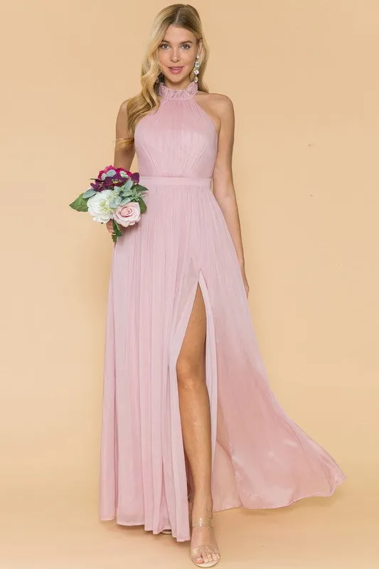 Light Pink Ruffle Neck Line Slit Maxi Dress