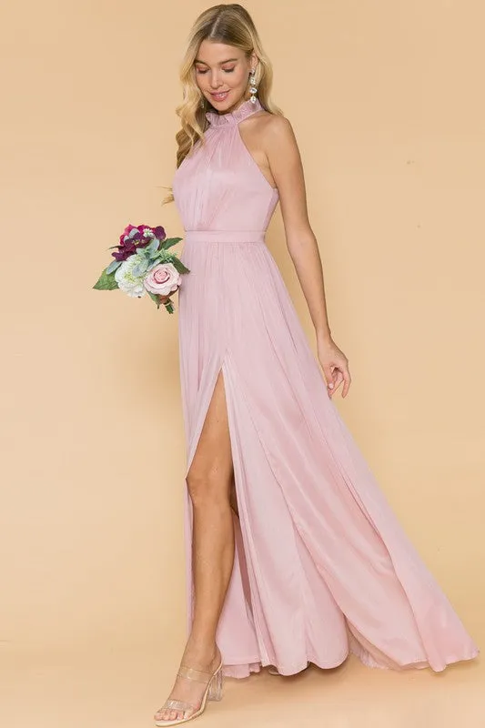 Light Pink Ruffle Neck Line Slit Maxi Dress