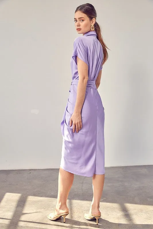 Light Purple Button Up Front Tie Detail Dress