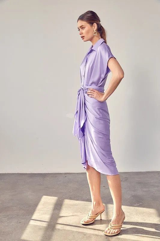 Light Purple Button Up Front Tie Detail Dress