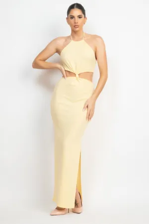 Light Yellow Halter Neck Knot Cut-Out Maxi Dress