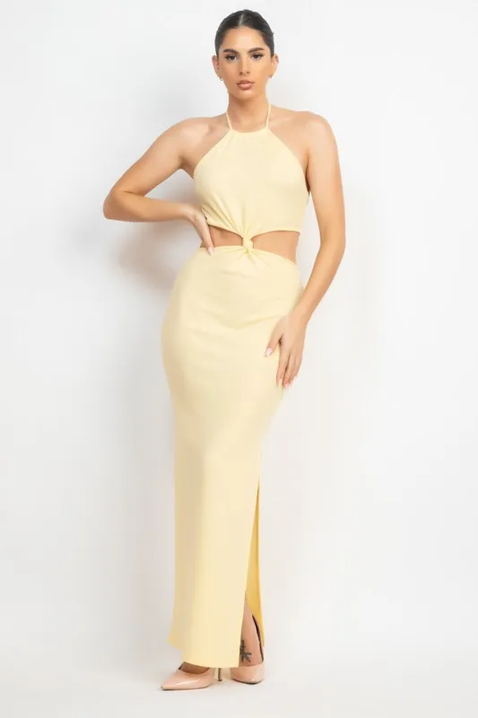 Light Yellow Halter Neck Knot Cut-Out Maxi Dress