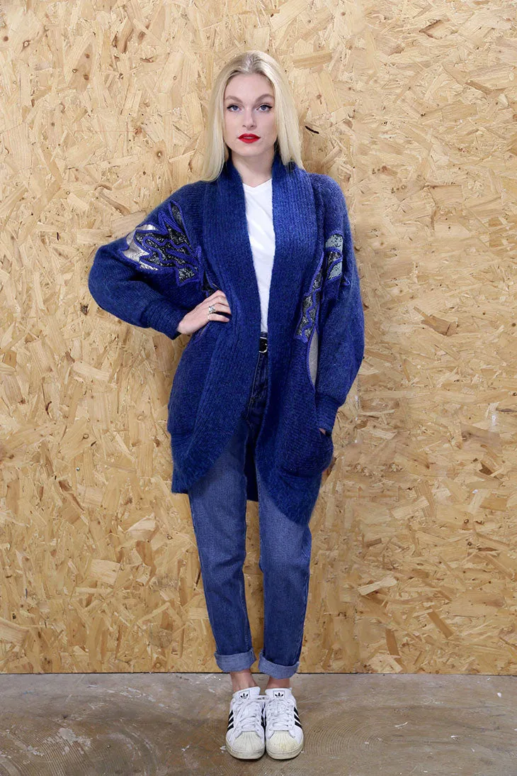 Long Blue Embellished Mohair Cardigan