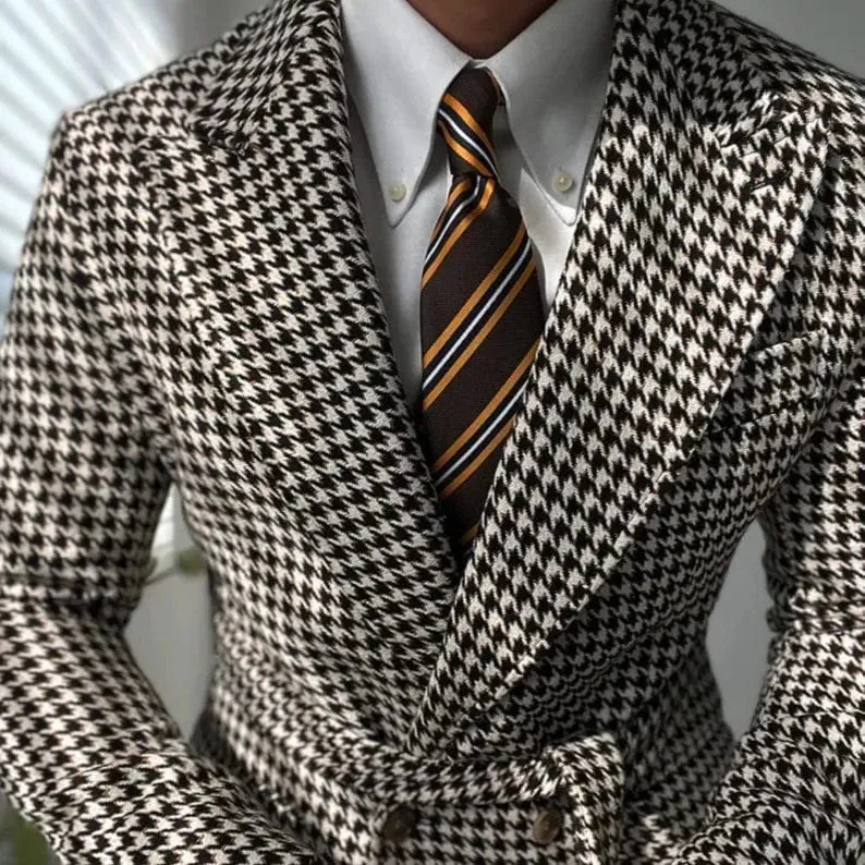 Men's Houndstooth Plaid Slim Fit Wool Blazer with Belt