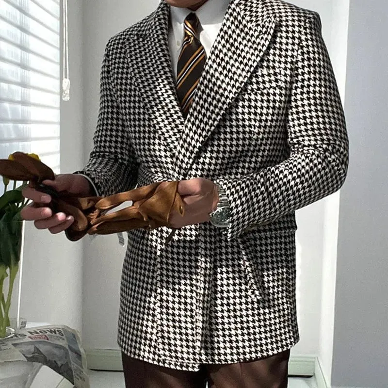 Men's Houndstooth Plaid Slim Fit Wool Blazer with Belt