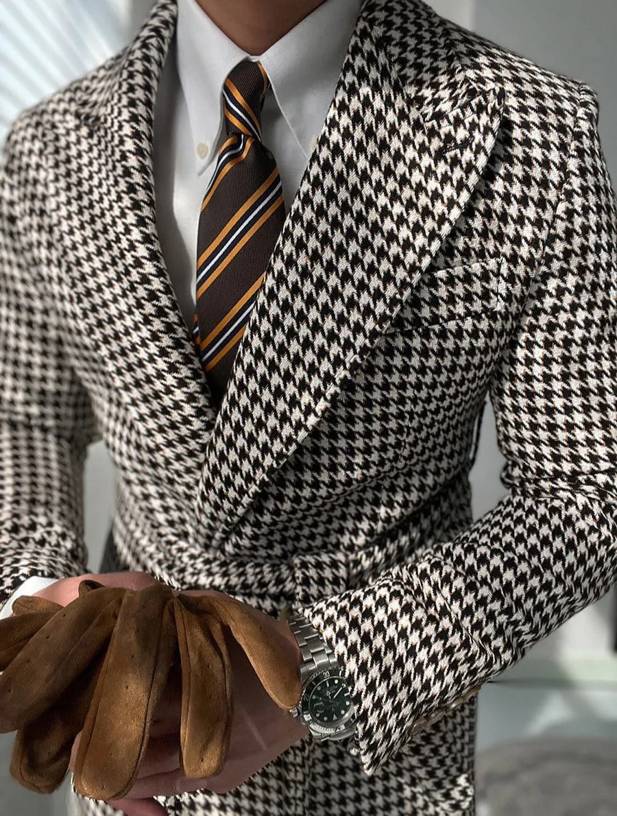 Men's Houndstooth Plaid Slim Fit Wool Blazer with Belt