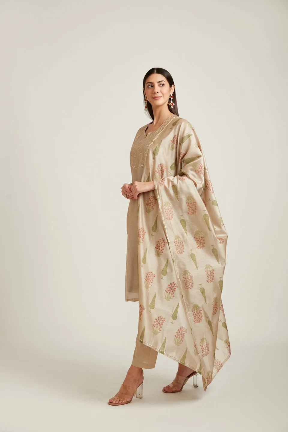 Neerus Women Beige Chanderi Silk Kurta with Trousers  With Dupatta