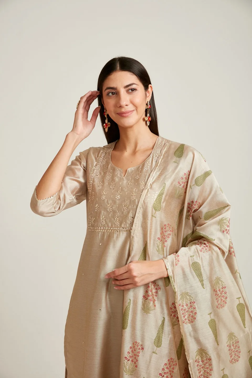 Neerus Women Beige Chanderi Silk Kurta with Trousers  With Dupatta