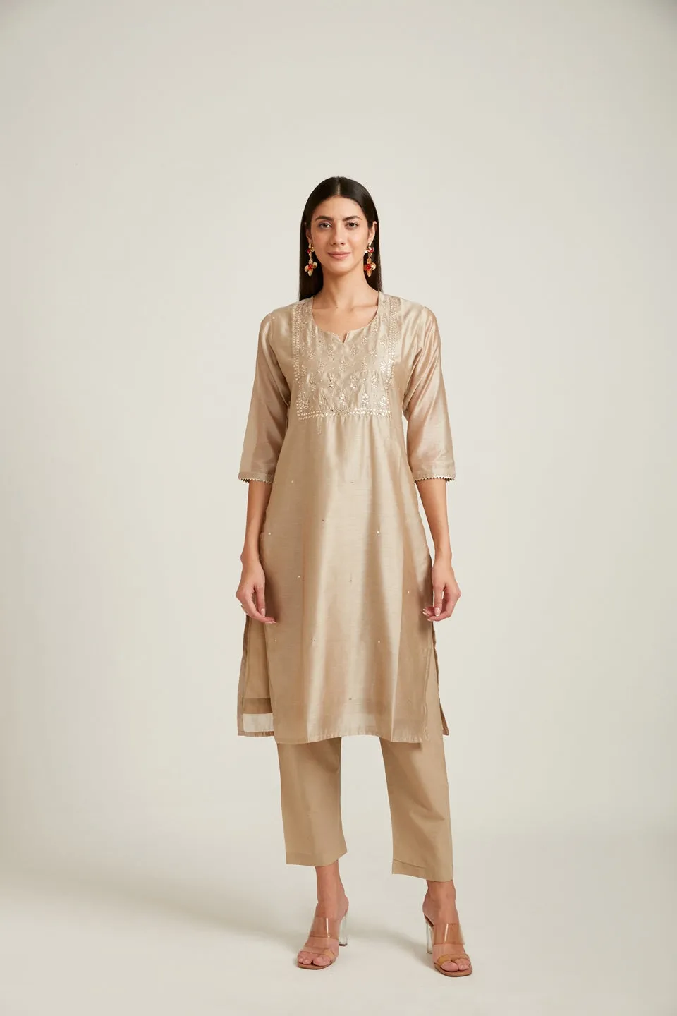 Neerus Women Beige Chanderi Silk Kurta with Trousers  With Dupatta