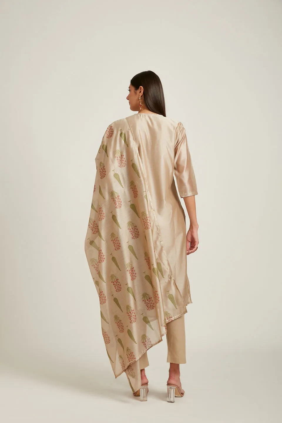 Neerus Women Beige Chanderi Silk Kurta with Trousers  With Dupatta