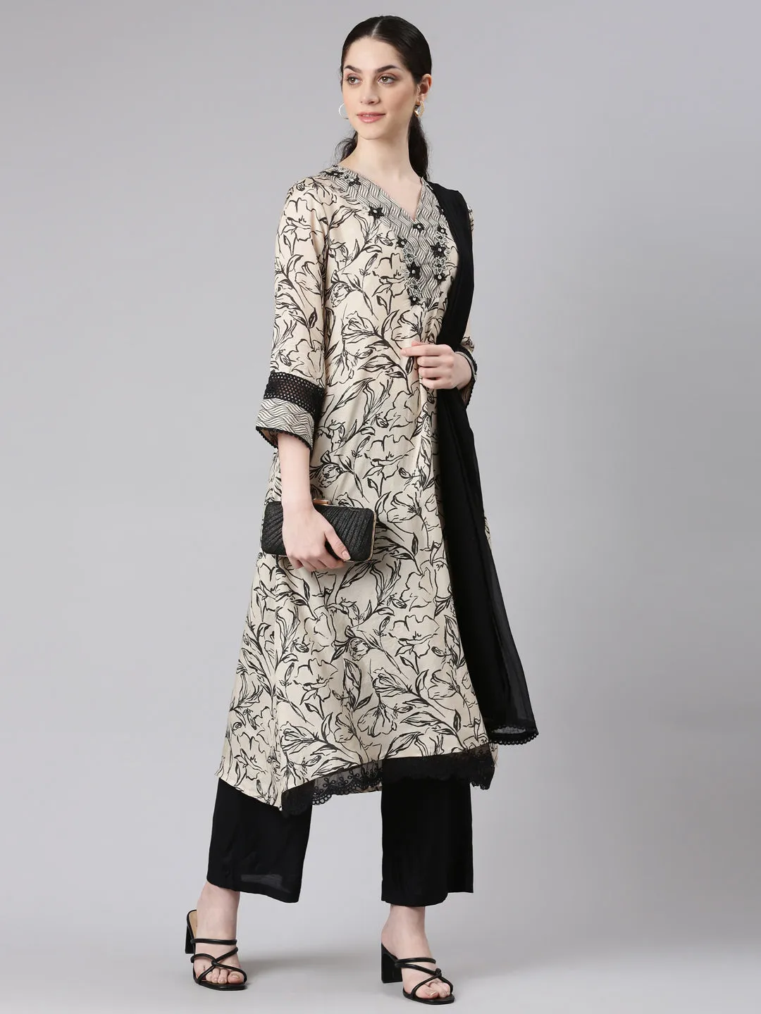 Neerus Women Beige Kurta and Trousers With Dupatta