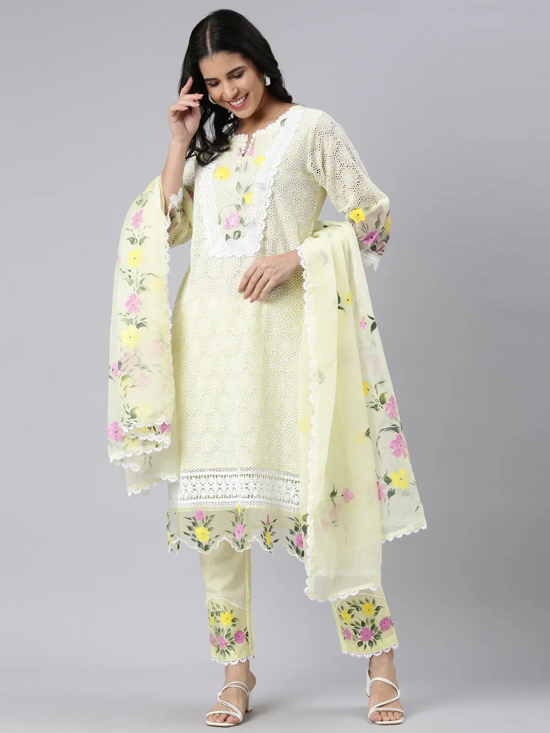 Neerus yellow Regular Scalloped Solid Kurta and Trousers With Dupatta