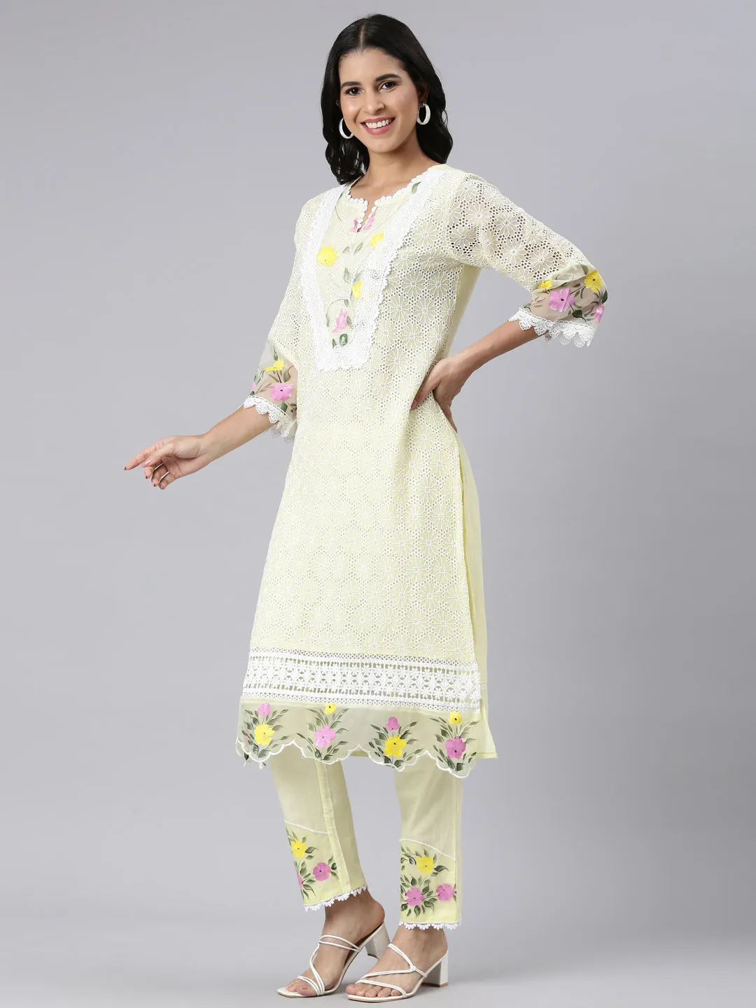 Neerus yellow Regular Scalloped Solid Kurta and Trousers With Dupatta