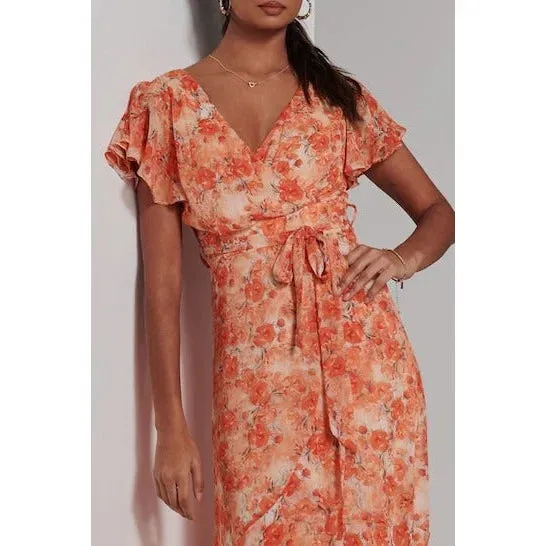 Orange Floral Print Wrap Top Maxi Dress With Angel Sleeves