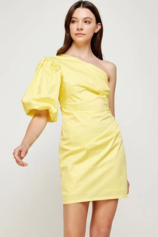 Pastel Yellow Ruched Side One Shoulder Mini Dress