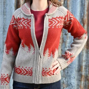 Pendleton Ladies Alpine Lambswool Zip Cardigan in Natural and Scarlet