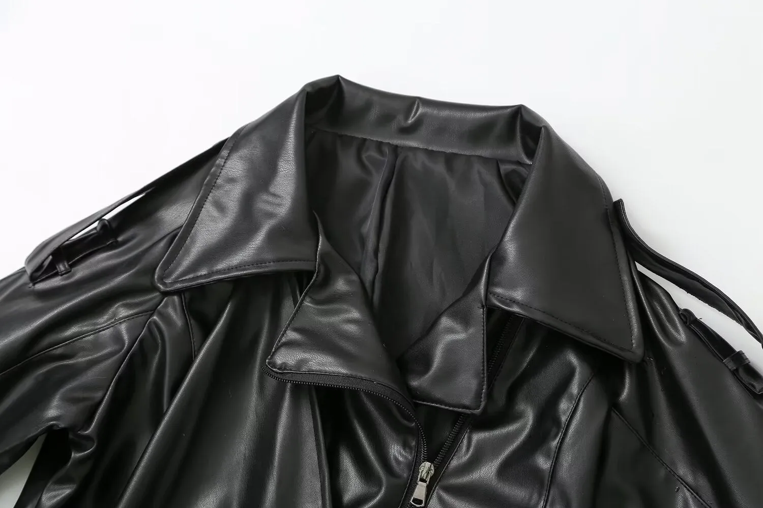 Pre Order:  Long Lapel Shawl Vegan Leather Jacket