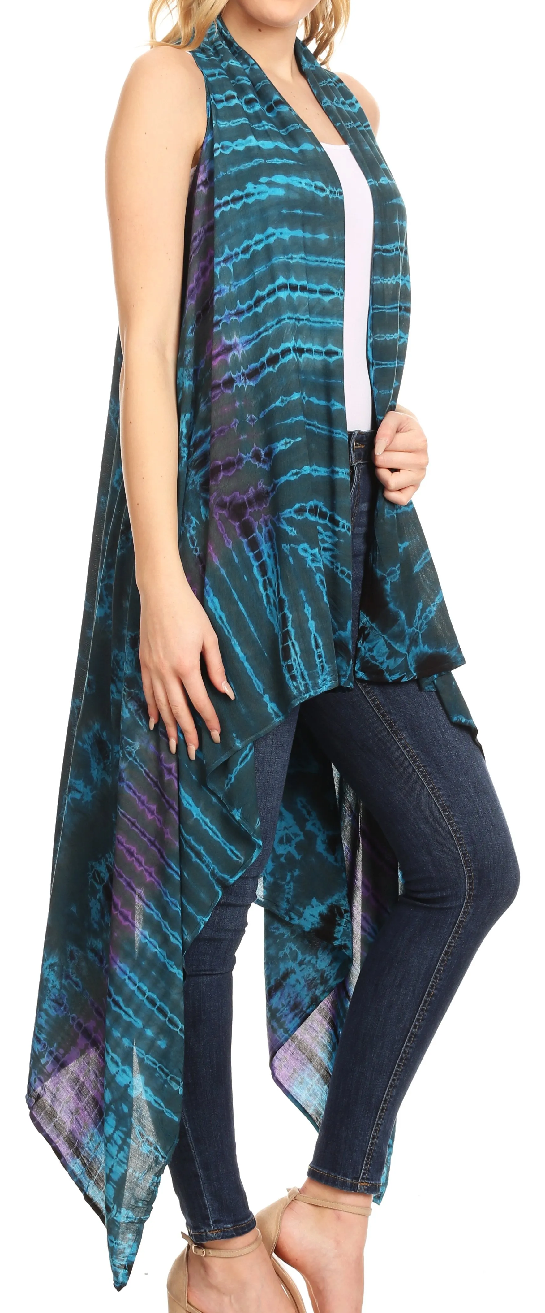 Sakkas Ivana Women's Oversized Draped Open Front Sleeveless Cardigan in Tie Dye