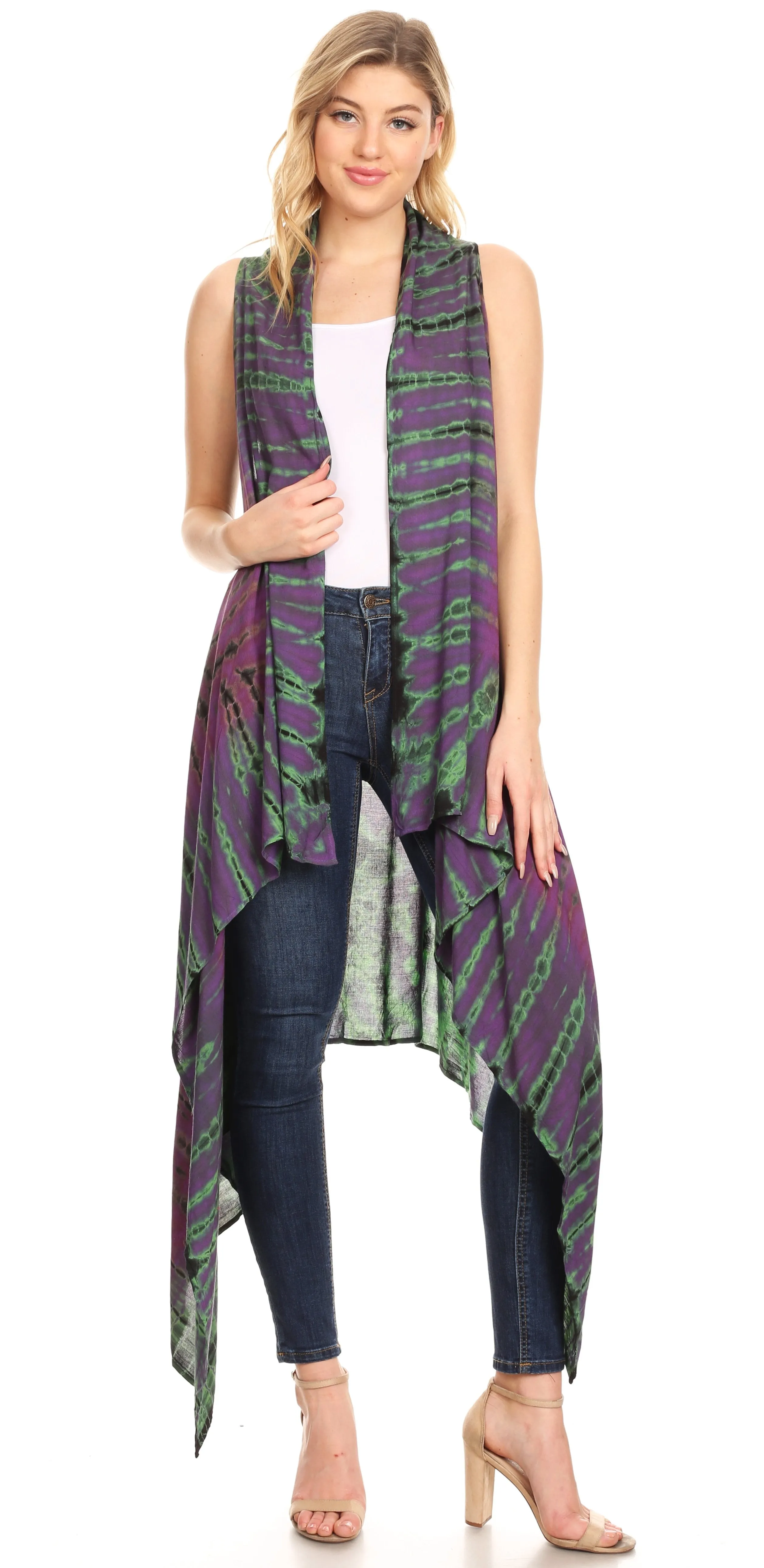 Sakkas Ivana Women's Oversized Draped Open Front Sleeveless Cardigan in Tie Dye