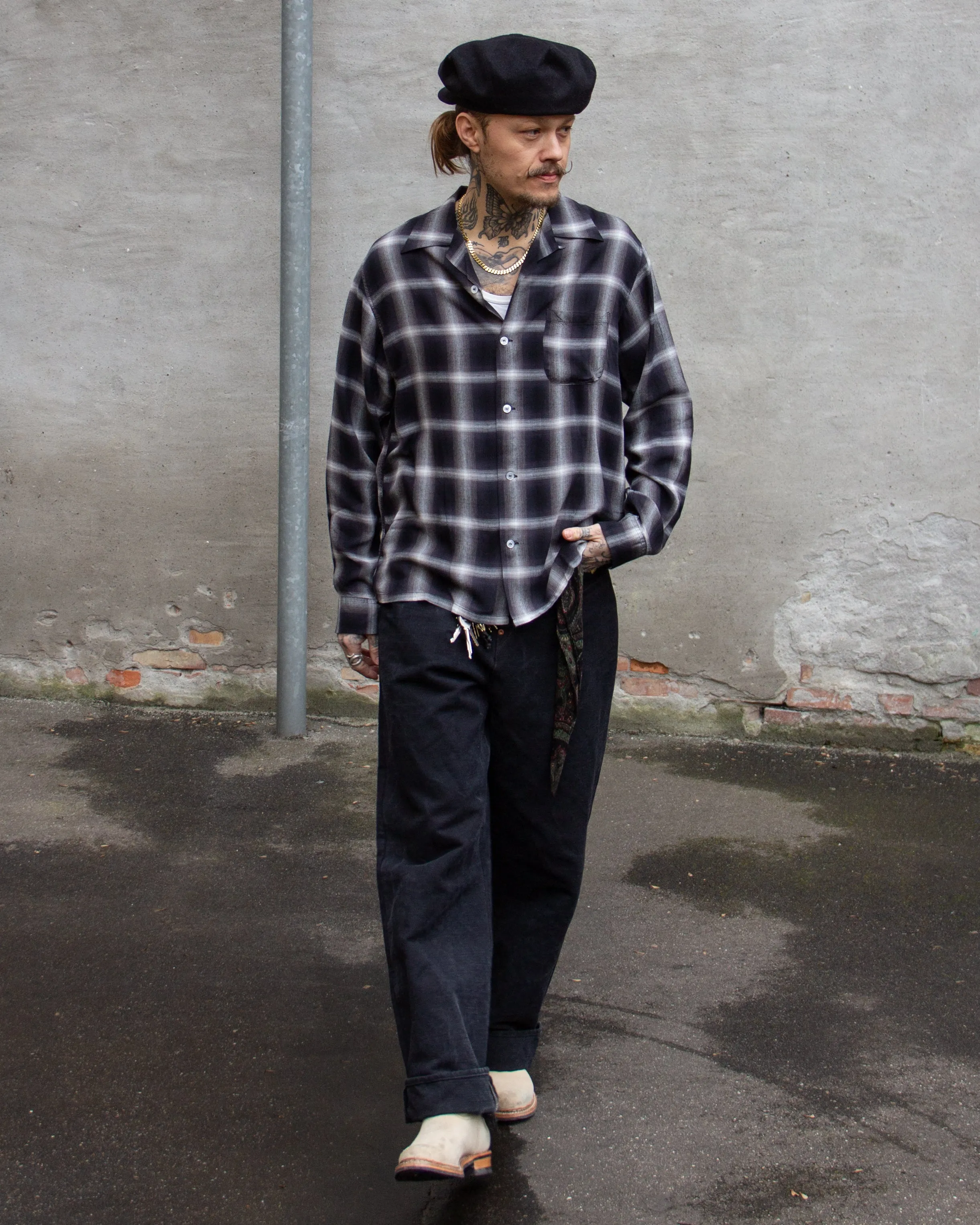 Sugar Cane, L/S Open Shirt, Black Omble Check