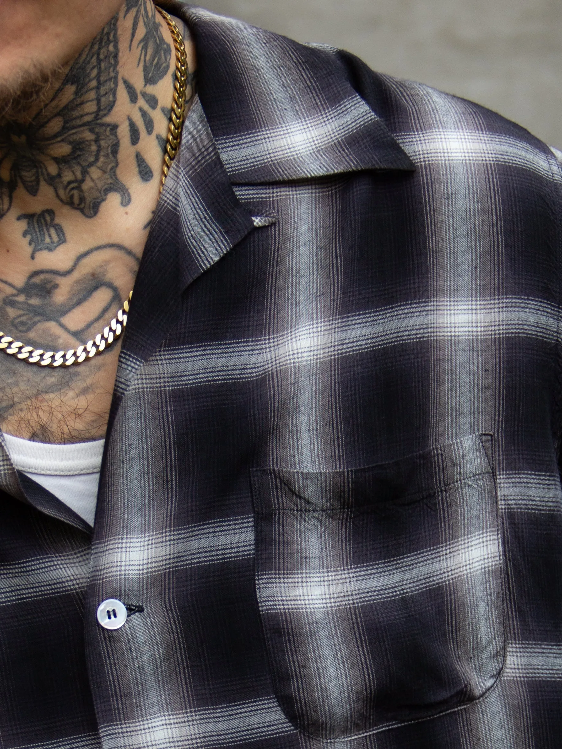 Sugar Cane, L/S Open Shirt, Black Omble Check