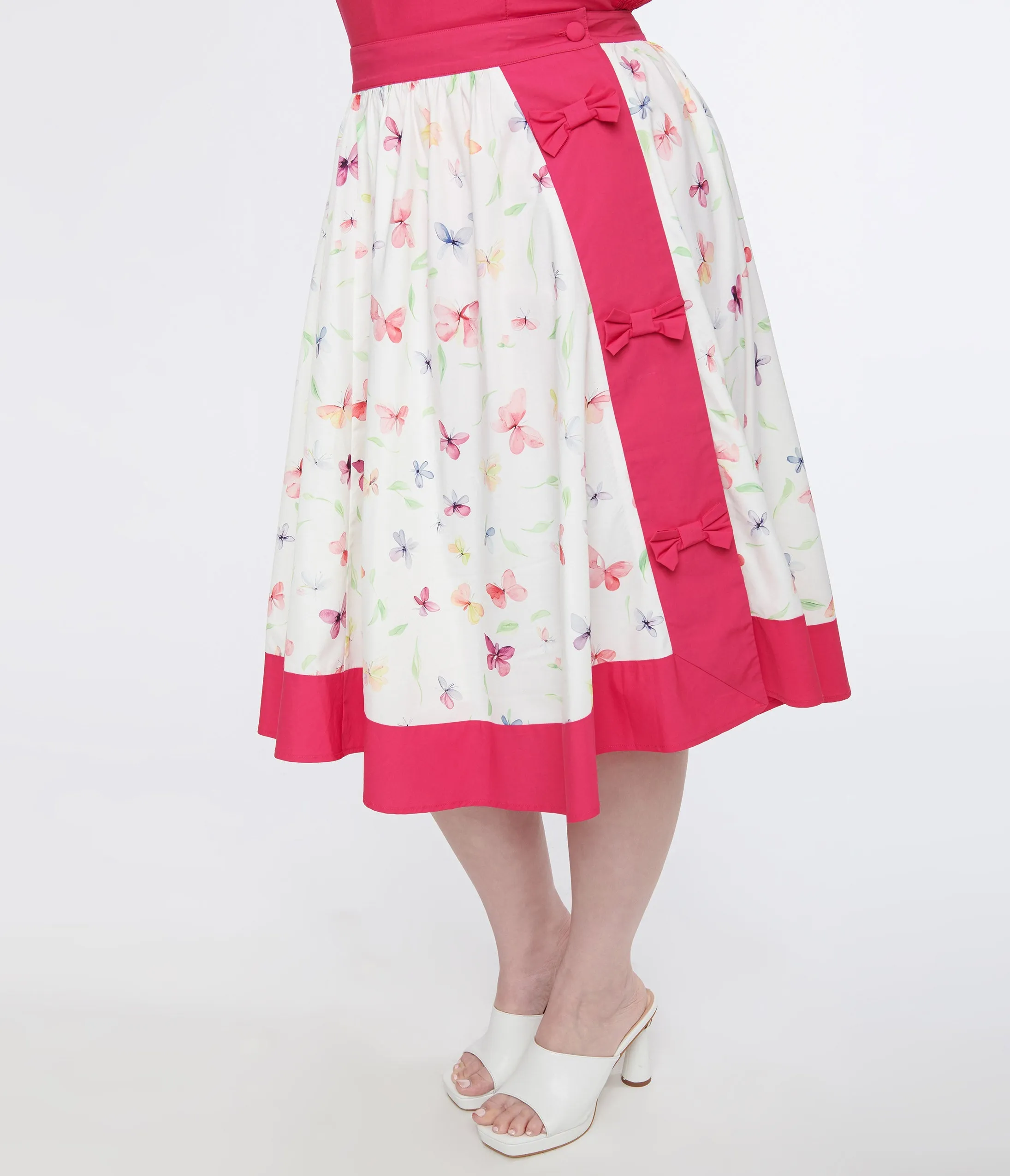 Unique Vintage Plus Size 1950s Hot Pink & White Butterfly Print Rye Swing Skirt