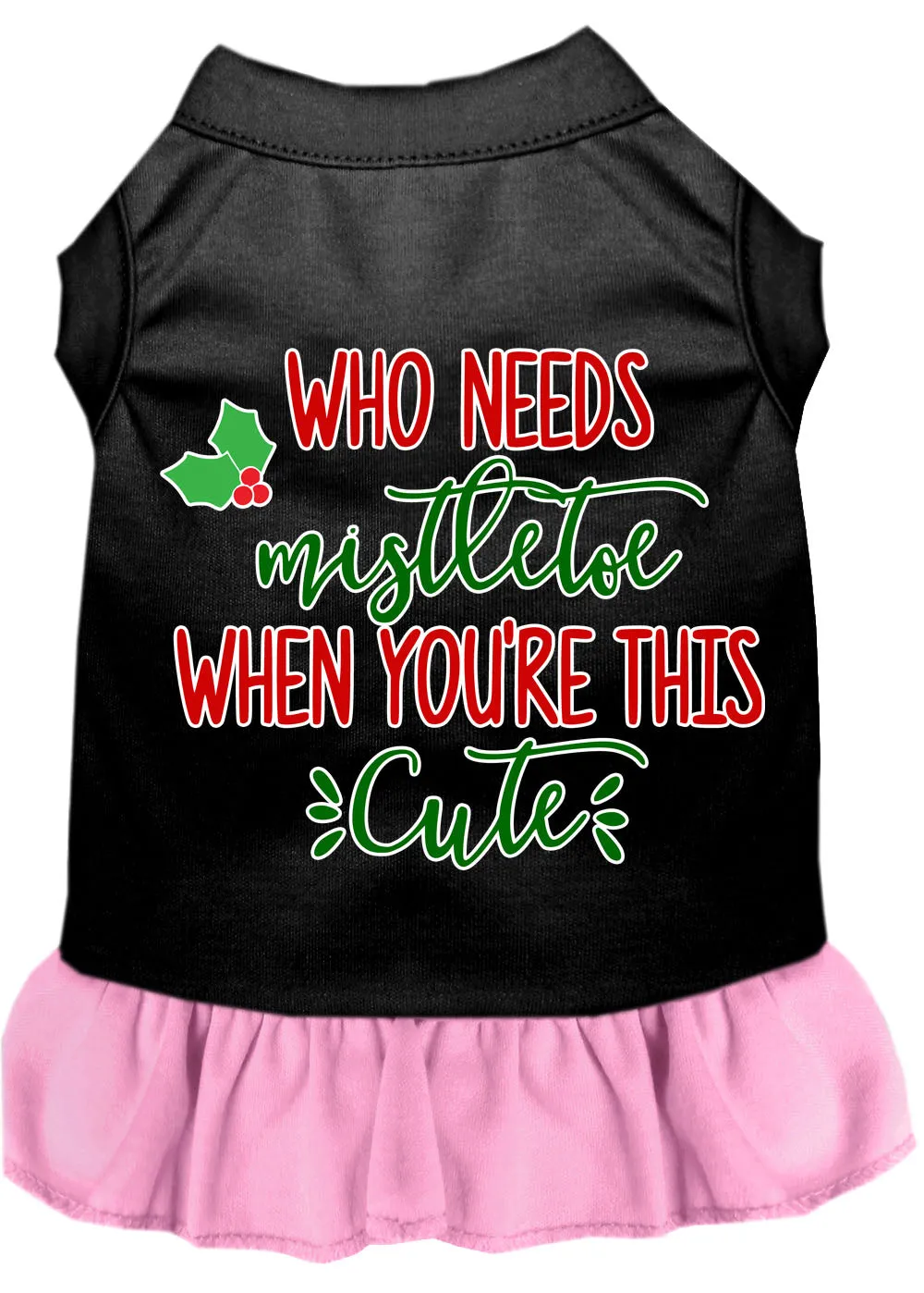 Who Needs Mistletoe Screen Print Dog Dress Black With Light Pink Lg