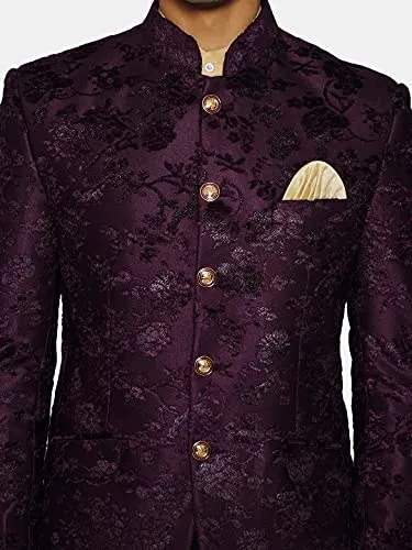 WINTAGE Men's Embroidered Velvet Party/Festive Indian Jodhpuri Grandad Bandhgala Blazer : Purple,Small